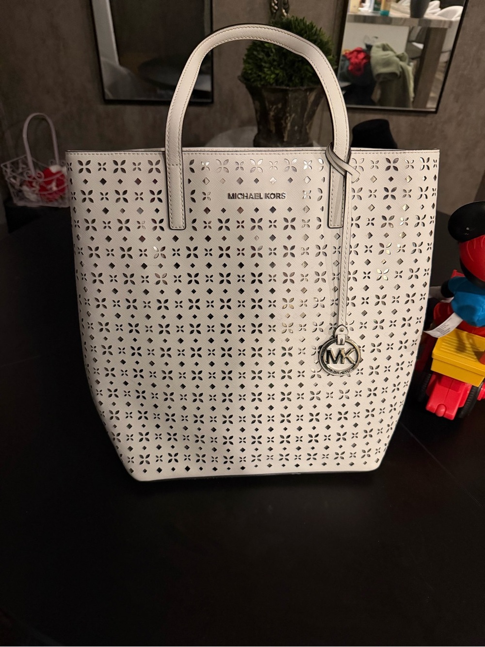 Michael Kors White Perforated Leather Tote with Logo Charm